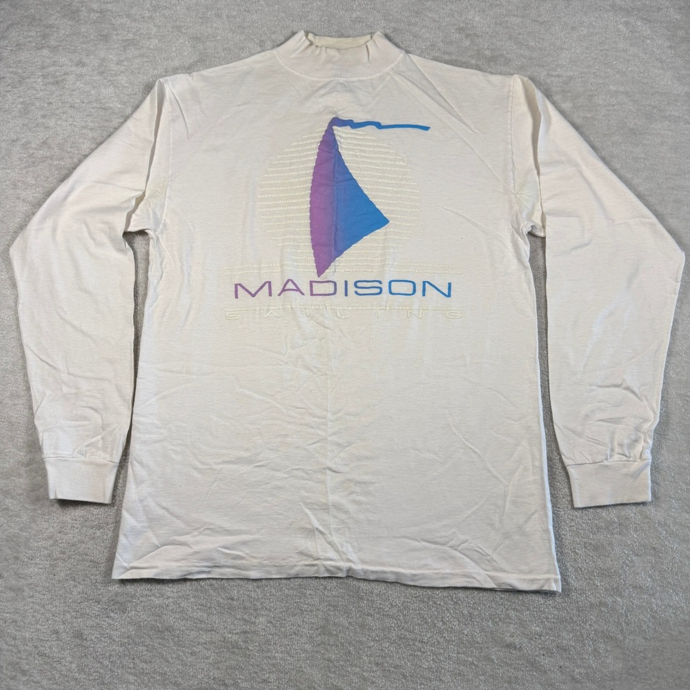 Vintage Madison Sailing Mock Neck Long Sleeve T-Shirt XL White 90s Made in USA